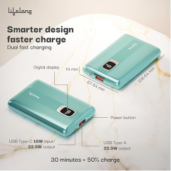 Lifelong Electronics 10000mAh Fast Charging Power Bank with Digital Display | Type C Input | 2 Output Ports | Quick Charge 3.0 | 22.5 W PD Powerbank | Cable Included (Teal Green) Lifelong Electronics 10000mAh Fast Charging Power Bank with Digital Display | Type C Input | 2 Output Ports | Quick Charge 3.0 | 22.5 W PD Powerbank | Cable Included (Teal Green)