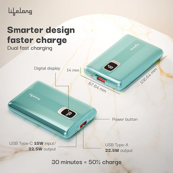 Lifelong Electronics 10000mAh Fast Charging Power Bank with Digital Display | Type C Input | 2 Output Ports | Quick Charge 3.0 | 22.5 W PD Powerbank | Cable Included (Teal Green)