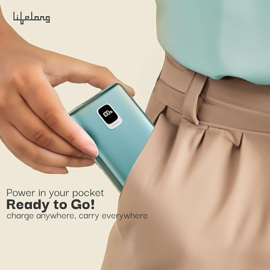 Lifelong Electronics 10000mAh Fast Charging Power Bank with Digital Display | Type C Input | 2 Output Ports | Quick Charge 3.0 | 22.5 W PD Powerbank | Cable Included (Teal Green)