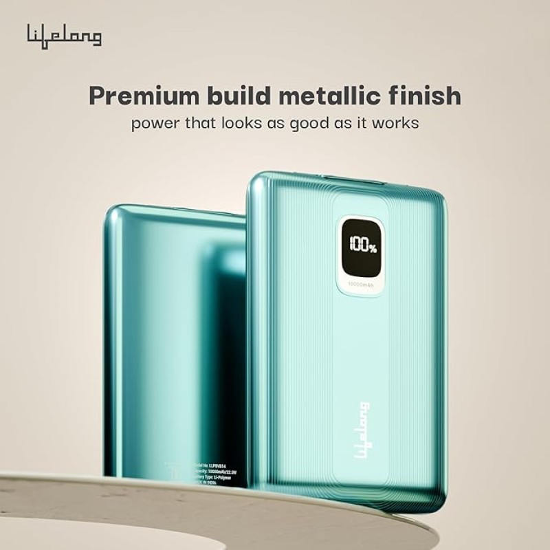 Lifelong Electronics 10000mAh Fast Charging Power Bank with Digital Display | Type C Input | 2 Output Ports | Quick Charge 3.0 | 22.5 W PD Powerbank | Cable Included (Teal Green)