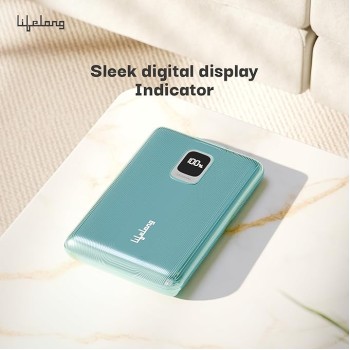 (Refurbished) Lifelong Electronics 10000mAh Fast Charging Power Bank with Digital Display | Type C Input | 2 Output Ports | Quick Charge 3.0 | 22.5 W PD Powerbank | Cable Included (Teal Green)