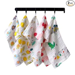 BabyGo Baby Muslin Washcloths, Super Soft 100% Cotton Face Towels | Reusable Hygiene Wash Cloth | Napkin for New Babies | Soft Hankies for Children (25cm x50cm) (Pack of 2)
