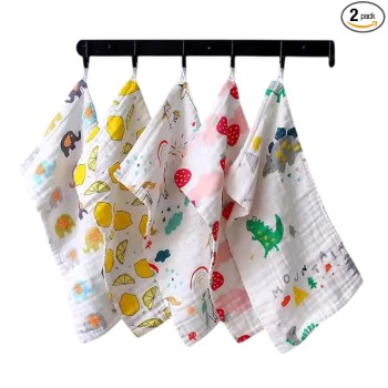 BabyGo Baby Muslin Washcloths, Super Soft 100% Cotton Face Towels | Reusable Hygiene Wash Cloth | Napkin for New Babies | Soft Hankies for Children (25cm x50cm) (Pack of 2)