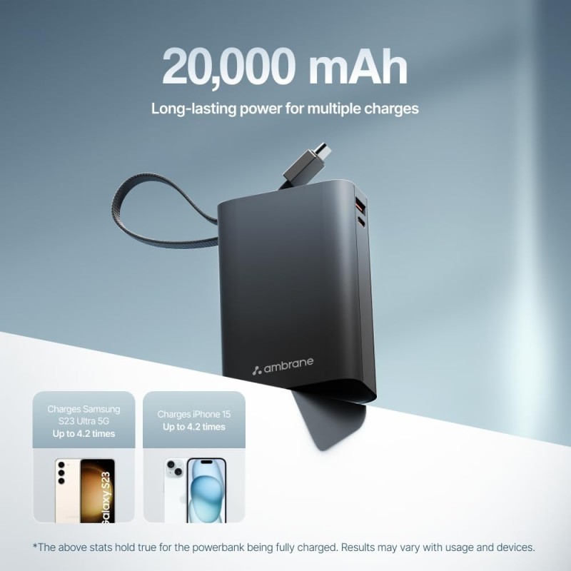 (Refurbished) Ambrane 20000mAh Small Pocket Size Powerbank, Hanging InBuilt Type C Cable, 22.5W Fast Charging, Type C PD & USB Output for iPhone, Android Mobiles & Other Devices (MiniCharge 20, Black-Blue) (Refurbished) Ambrane 20000mAh Small Pocket Size Powerbank, Hanging InBuilt Type C Cable, 22.5W Fast Charging, Type C PD & USB Output for iPhone, Android Mobiles & Other Devices (MiniCharge 20, Black-Blue)