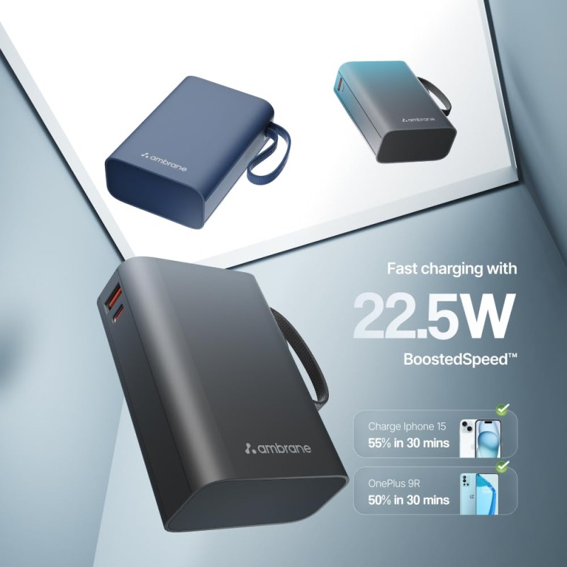 (Refurbished) Ambrane 20000mAh Small Pocket Size Powerbank, Hanging InBuilt Type C Cable, 22.5W Fast Charging, Type C PD & USB Output for iPhone, Android Mobiles & Other Devices (MiniCharge 20, Black-Blue) (Refurbished) Ambrane 20000mAh Small Pocket Size Powerbank, Hanging InBuilt Type C Cable, 22.5W Fast Charging, Type C PD & USB Output for iPhone, Android Mobiles & Other Devices (MiniCharge 20, Black-Blue)