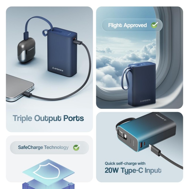 (Refurbished) Ambrane 20000mAh Small Pocket Size Powerbank, Hanging InBuilt Type C Cable, 22.5W Fast Charging, Type C PD & USB Output for iPhone, Android Mobiles & Other Devices (MiniCharge 20, Black-Blue) (Refurbished) Ambrane 20000mAh Small Pocket Size Powerbank, Hanging InBuilt Type C Cable, 22.5W Fast Charging, Type C PD & USB Output for iPhone, Android Mobiles & Other Devices (MiniCharge 20, Black-Blue)