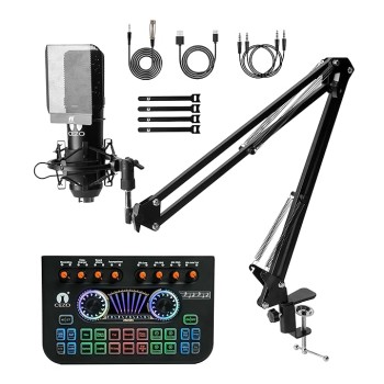 CEZO Professional Condenser Microphone with X3 Sound Card | Condeser Mic Set with Compact Microphone Pop Shield |Live Sound Card| Boom Arm Stand| Shock Mount for Recording Podcasting & Live Streaming