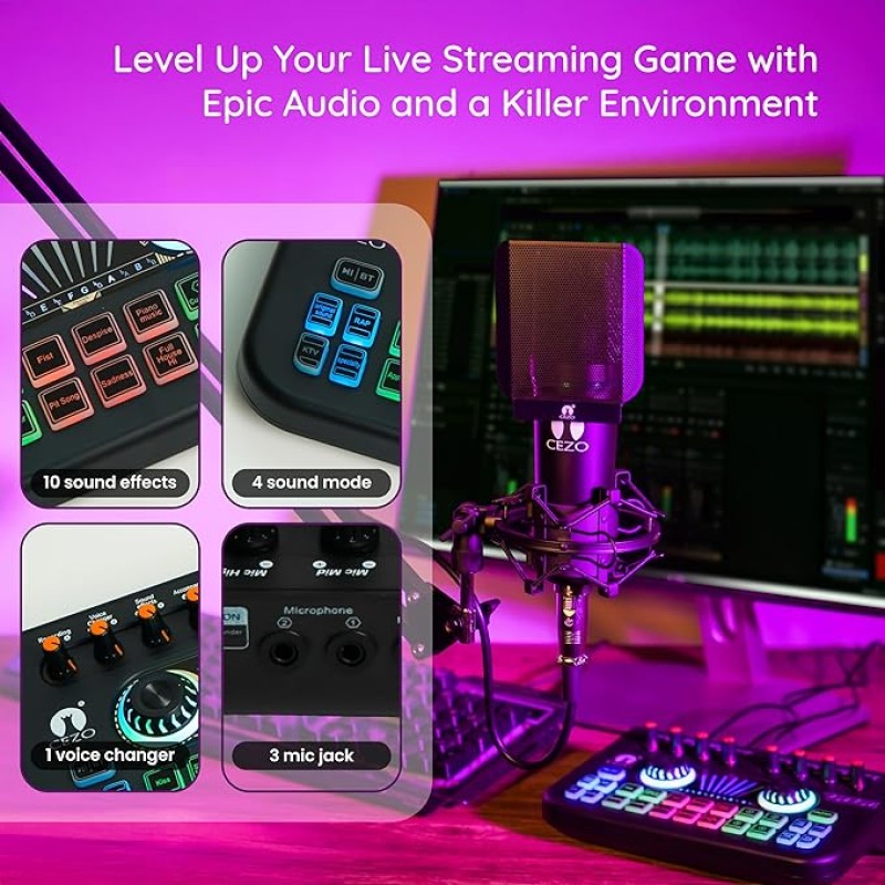 CEZO Professional Condenser Microphone with X3 Sound Card | Condeser Mic Set with Compact Microphone Pop Shield |Live Sound Card| Boom Arm Stand| Shock Mount for Recording Podcasting & Live Streaming CEZO Professional Condenser Microphone with X3 Sound Card | Condeser Mic Set with Compact Microphone Pop Shield |Live Sound Card| Boom Arm Stand| Shock Mount for Recording Podcasting & Live Streaming