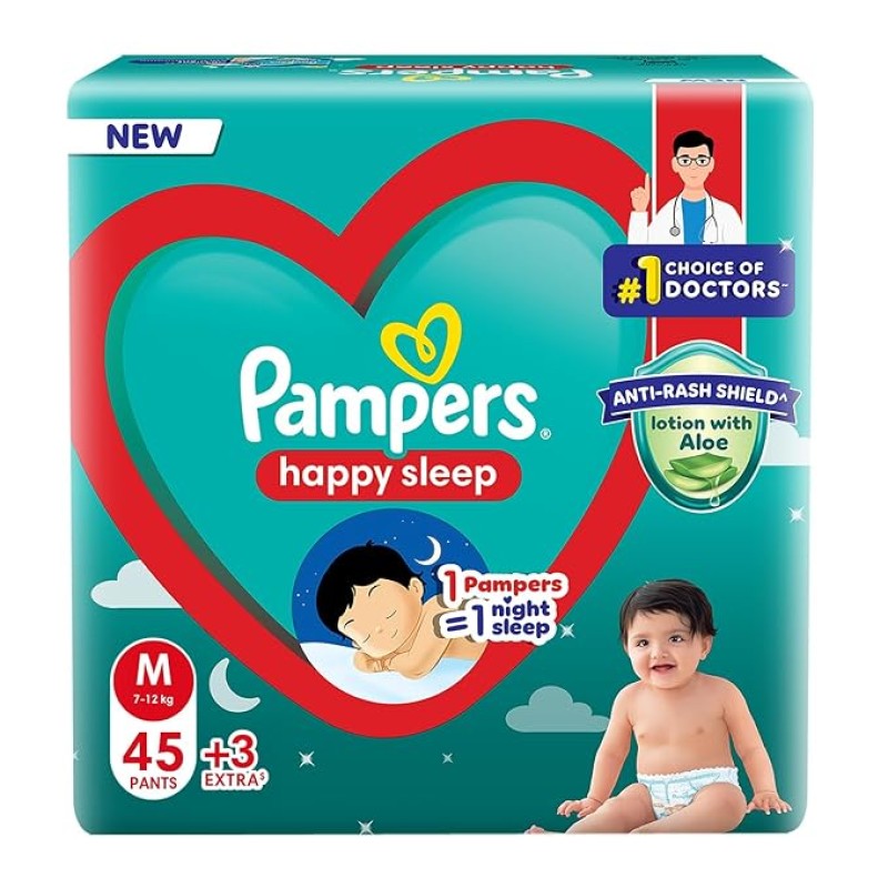 Pampers Happy Sleep Pant Style Baby Diapers, Medium (M), 48 Count, 1 Pampers = 1 Night Sleep, with Anti Rash Shield, 7-12 Kg Diapers