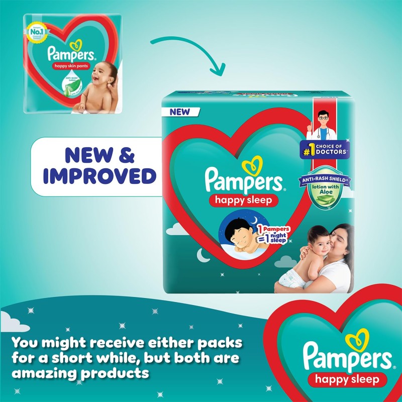 Pampers Happy Sleep Pant Style Baby Diapers, Medium (M), 48 Count, 1 Pampers = 1 Night Sleep, with Anti Rash Shield, 7-12 Kg Diapers