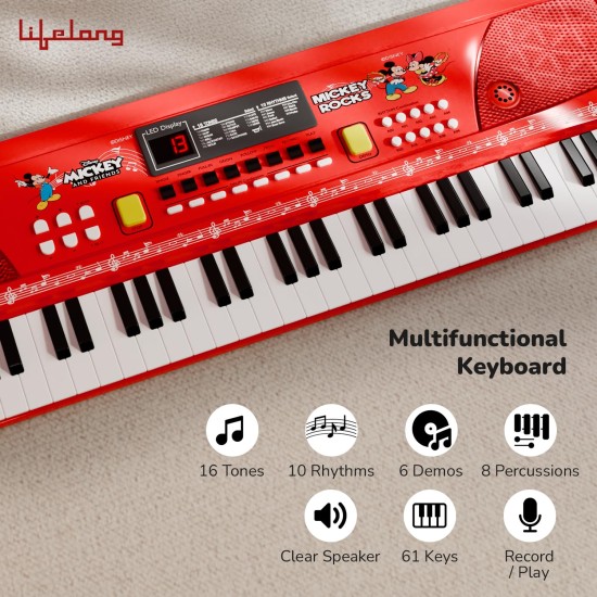 Lifelong Disney Mickey Electronic Piano Keyboard - 61-Key | Mic & One Side Speaker | 16 Tones, 10 Rhythms, 8 Percussions | Song Record, Finger Chord & Demo Modes | Microphone, USB Powered 
