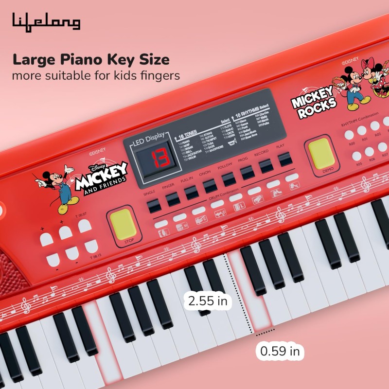 Lifelong Disney Mickey Electronic Piano Keyboard - 61-Key | Mic & One Side Speaker | 16 Tones, 10 Rhythms, 8 Percussions | Song Record, Finger Chord & Demo Modes | Microphone, USB Powered 