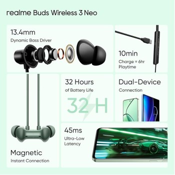 realme Buds Wireless 3 Neo in Ear Bluetooth Neckband with 13.4 Mm Dynamic Bass Boost Driver,Upto 32 Hours Playback,Fast Charge,Ai Enc,45Ms Low Latency,Ip55 Dust&Water Resistannt&Bluetooth V 5.4 Green realme Buds Wireless 3 Neo in Ear Bluetooth Neckband with 13.4 Mm Dynamic Bass Boost Driver,Upto 32 Hours Playback,Fast Charge,Ai Enc,45Ms Low Latency,Ip55 Dust&Water Resistannt&Bluetooth V 5.4 Green