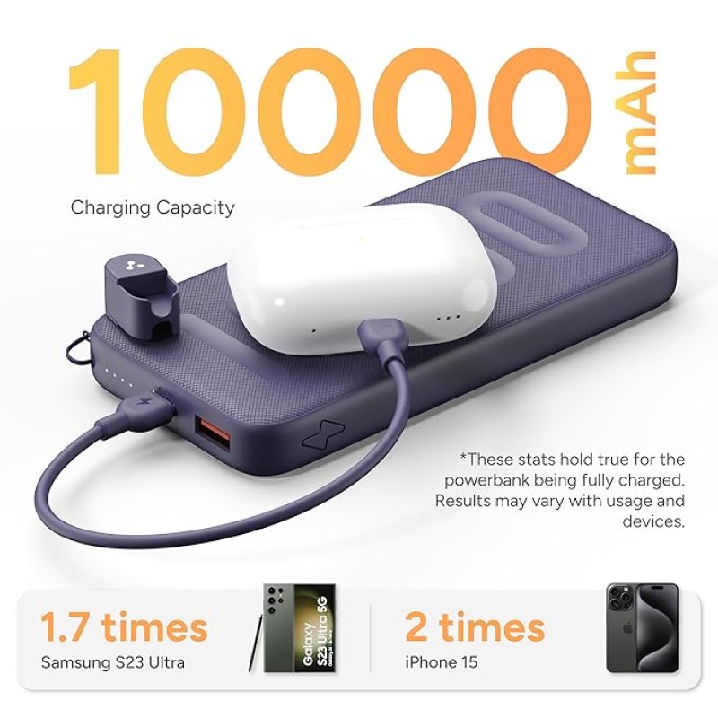 Ambrane 10000mAh Slim & Compact Powerbank with in-Build Type C Cable, 22.5W Fast Charging, USB & Type C Output, Power Delivery, Quick Charge for iPhone, Android & Tablets, Earbuds, (Stylo N10,Black) Ambrane 10000mAh Slim & Compact Powerbank with in-Build Type C Cable, 22.5W Fast Charging, USB & Type C Output, Power Delivery, Quick Charge for iPhone, Android & Tablets, Earbuds, (Stylo N10,Black)