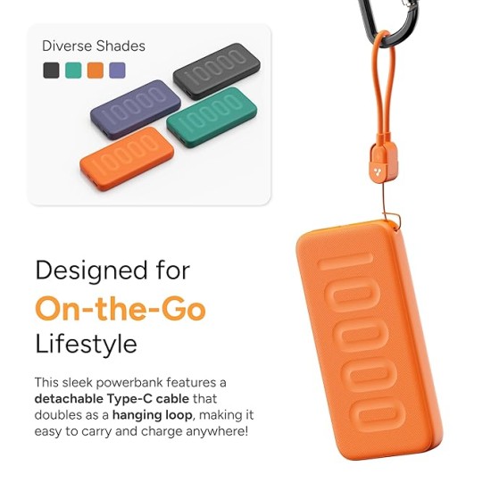 Ambrane 10000mAh Slim & Compact Powerbank with in-Build Type C Cable, 22.5W Fast Charging, USB & Type C Output, Power Delivery, Quick Charge for iPhone, Android & Tablets, Earbuds, (Stylo N10,Black)