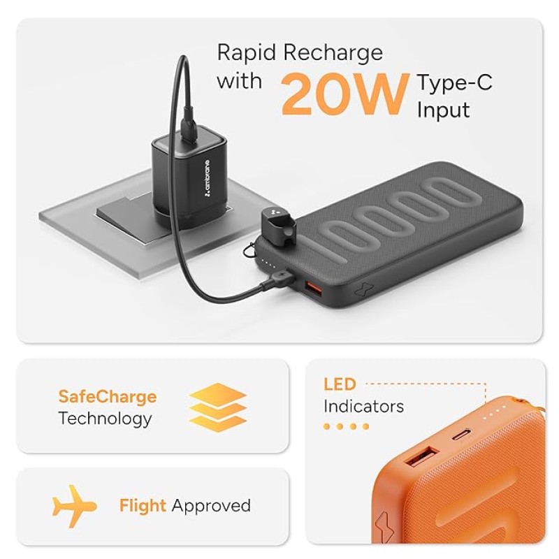 Ambrane 10000mAh Slim & Compact Powerbank with in-Build Type C Cable, 22.5W Fast Charging, USB & Type C Output, Power Delivery, Quick Charge for iPhone, Android & Tablets, Earbuds, (Stylo N10,Black) Ambrane 10000mAh Slim & Compact Powerbank with in-Build Type C Cable, 22.5W Fast Charging, USB & Type C Output, Power Delivery, Quick Charge for iPhone, Android & Tablets, Earbuds, (Stylo N10,Black)