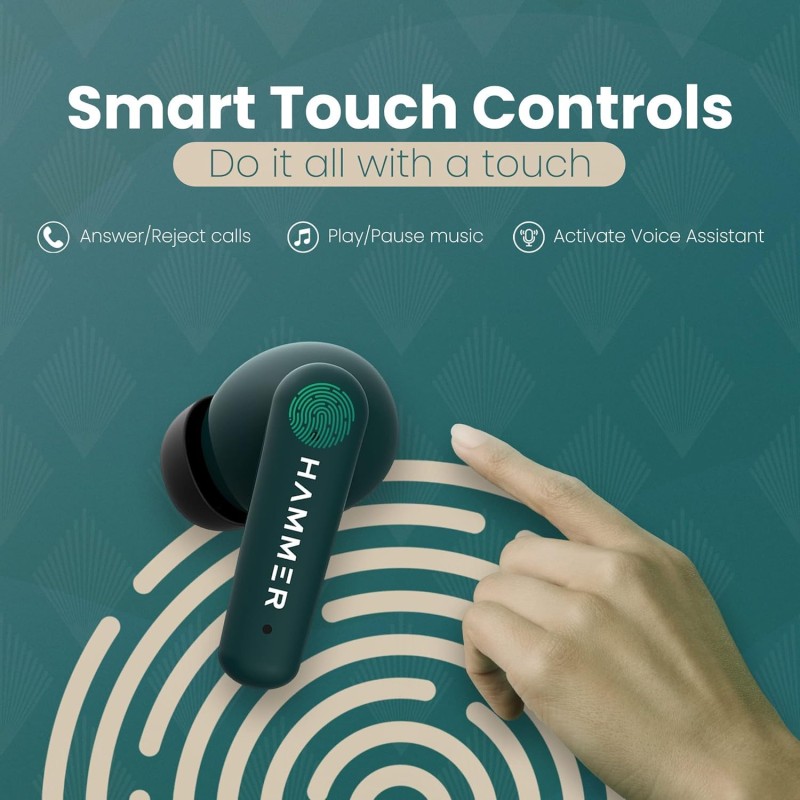 (Refurbished) HAMMER Airflow Plus TWS Earbuds with Bluetooth 5.1, Smart Touch Control, Type-C Charging, IPX4 Rated SweatProof, Stereo Sound, Upto 23 Hours Playback, Noise Isolation (Emerald Green) (Refurbished) HAMMER Airflow Plus TWS Earbuds with Bluetooth 5.1, Smart Touch Control, Type-C Charging, IPX4 Rated SweatProof, Stereo Sound, Upto 23 Hours Playback, Noise Isolation (Emerald Green)