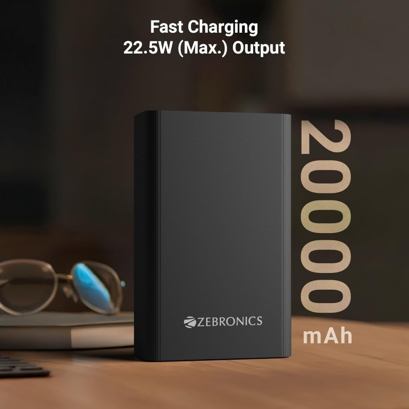 (Refurbished) ZEBRONICS 20000 mAh Compact Power Bank, 22.5W Super Fast Charging, PD3.0 (PPS), Dual Type-C & USB-A, LED Indicator, Metal Body, for All Mobiles, Tablet & Other Devices EnergiTank 20MR1 (Midnight)