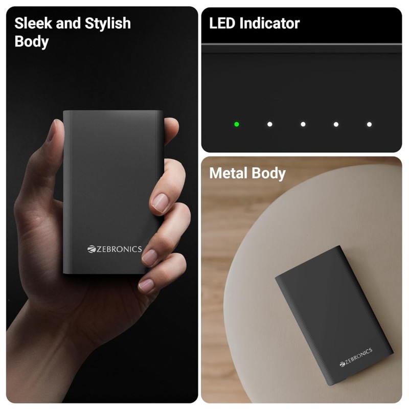 (Refurbished) ZEBRONICS 20000 mAh Compact Power Bank, 22.5W Super Fast Charging, PD3.0 (PPS), Dual Type-C & USB-A, LED Indicator, Metal Body, for All Mobiles, Tablet & Other Devices EnergiTank 20MR1 (Midnight)