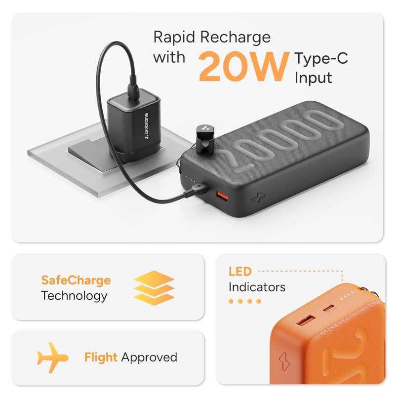(Refurbished) Ambrane 20000mAh Powerbank with in-Build Type C Cable, 22.5W Fast Charging, USB & Type C Output, Power Delivery, Quick Charge for iPhone, Android Mobile & Tablets, Earbuds, (Stylo N20, Black) (Refurbished) Ambrane 20000mAh Powerbank with in-Build Type C Cable, 22.5W Fast Charging, USB & Type C Output, Power Delivery, Quick Charge for iPhone, Android Mobile & Tablets, Earbuds, (Stylo N20, Black)