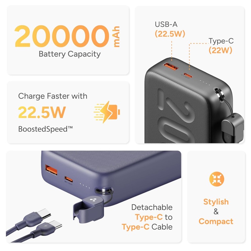 (Refurbished) Ambrane 20000mAh Powerbank with in-Build Type C Cable, 22.5W Fast Charging, USB & Type C Output, Power Delivery, Quick Charge for iPhone, Android Mobile & Tablets, Earbuds, (Stylo N20, Black) (Refurbished) Ambrane 20000mAh Powerbank with in-Build Type C Cable, 22.5W Fast Charging, USB & Type C Output, Power Delivery, Quick Charge for iPhone, Android Mobile & Tablets, Earbuds, (Stylo N20, Black)
