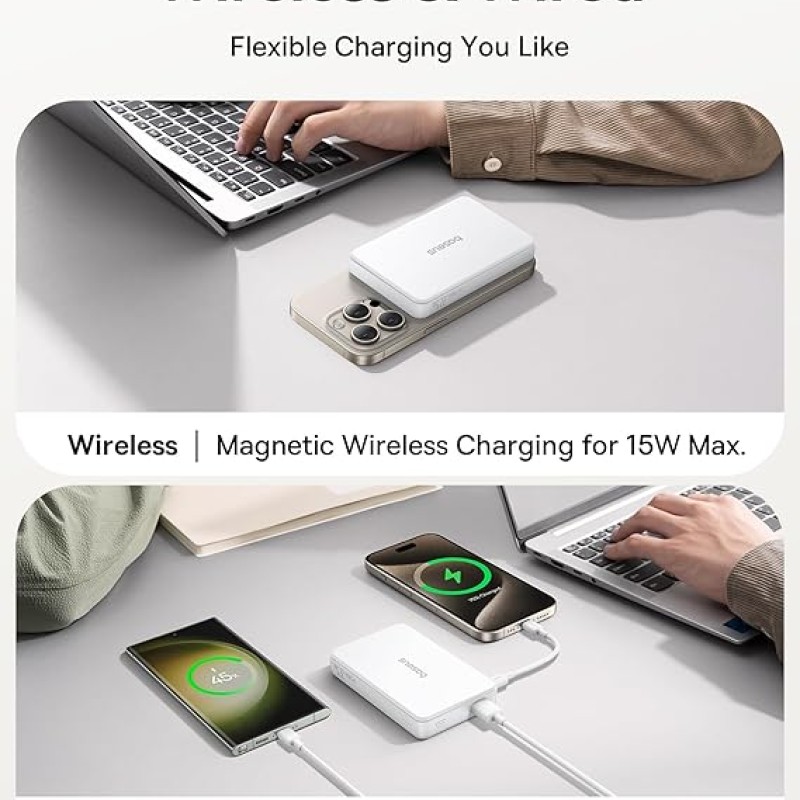 Baseus Airpow II Qi2 Magnetic Wireless Power Bank 10000mAh � 22.5W Fast Charging, MagSafe Compatible, Type-C Cable Included � Moon White Baseus Airpow II Qi2 Magnetic Wireless Power Bank 10000mAh � 22.5W Fast Charging, MagSafe Compatible, Type-C Cable Included � Moon White