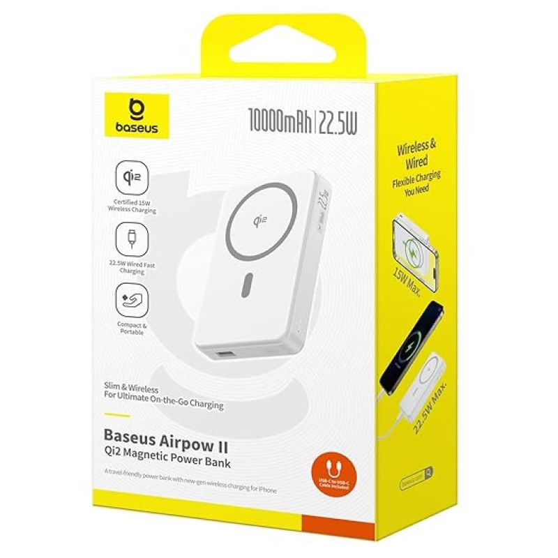 Baseus Airpow II Qi2 Magnetic Wireless Power Bank 10000mAh � 22.5W Fast Charging, MagSafe Compatible, Type-C Cable Included � Moon White Baseus Airpow II Qi2 Magnetic Wireless Power Bank 10000mAh � 22.5W Fast Charging, MagSafe Compatible, Type-C Cable Included � Moon White