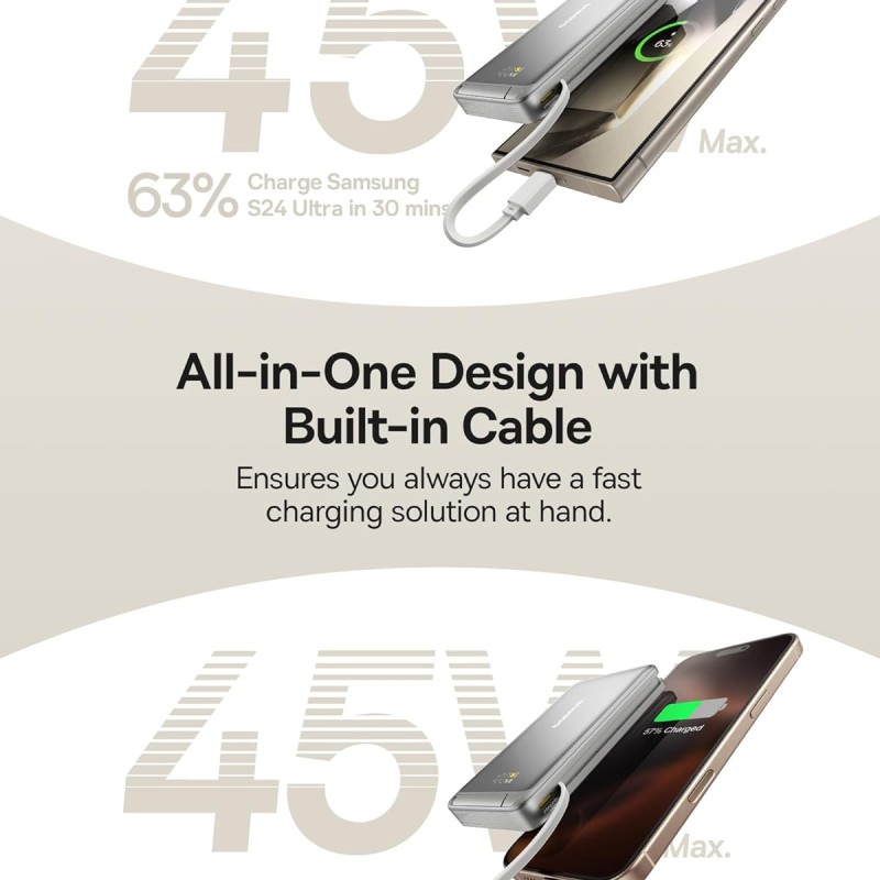 Baseus Nomos Qi2 10000mAh 45W Magnetic Wireless Power Bank � Built-in USB-C Cable, PD Fast Charging, Kickstand Design � Lunar Gray Baseus Nomos Qi2 10000mAh 45W Magnetic Wireless Power Bank � Built-in USB-C Cable, PD Fast Charging, Kickstand Design � Lunar Gray
