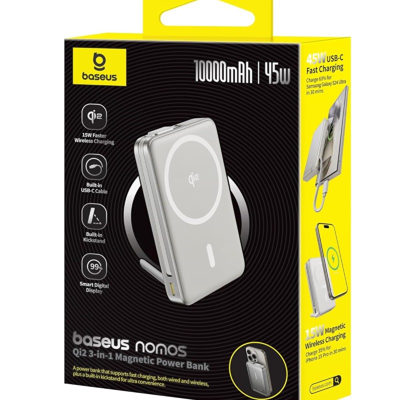 Baseus Nomos Qi2 10000mAh 45W Magnetic Wireless Power Bank � Built-in USB-C Cable, PD Fast Charging, Kickstand Design � Lunar Gray Baseus Nomos Qi2 10000mAh 45W Magnetic Wireless Power Bank � Built-in USB-C Cable, PD Fast Charging, Kickstand Design � Lunar Gray