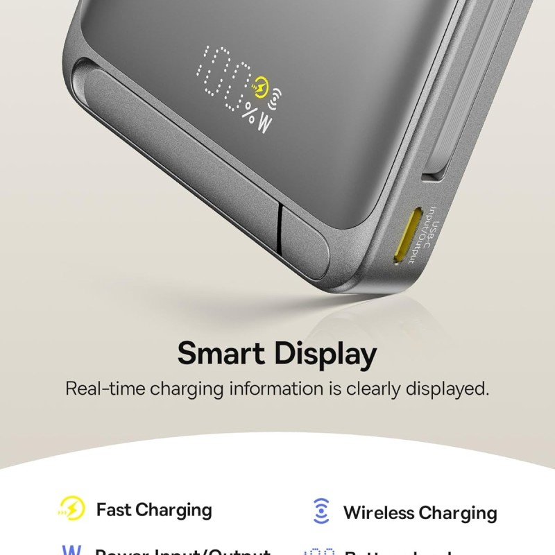 Baseus Nomos Qi2 10000mAh 45W Magnetic Wireless Power Bank � Built-in USB-C Cable, PD Fast Charging, Kickstand Design � Lunar Gray Baseus Nomos Qi2 10000mAh 45W Magnetic Wireless Power Bank � Built-in USB-C Cable, PD Fast Charging, Kickstand Design � Lunar Gray