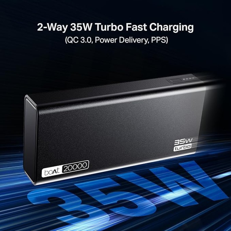 boAt Newly Launched PB435 Turbo 35W Power Bank with 20000mAh Battery, 35W 2-Way Super Fast Charging | 12-Layer Smart IC Protection | Triple Output & Dual Input in Sleek Aluminium Casing(Onyx Black)