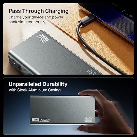 boAt Newly Launched PB435 Turbo 35W Power Bank with 20000mAh Battery, 35W 2-Way Super Fast Charging | 12-Layer Smart IC Protection | Triple Output & Dual Input in Sleek Aluminium Casing(Stone Grey) boAt Newly Launched PB435 Turbo 35W Power Bank with 20000mAh Battery, 35W 2-Way Super Fast Charging | 12-Layer Smart IC Protection | Triple Output & Dual Input in Sleek Aluminium Casing(Stone Grey)