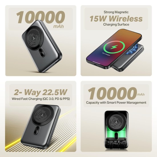 boAt New Launch EnergyShroom PB331 (Magsafe) 10000mAh Magnetic Wireless Powerbank, 15W Wireless & 22.5W Wired Charging for (iPhone 16,15,14,13 & 12, Android & Other Qi Enabled Devices) (Ash Black)