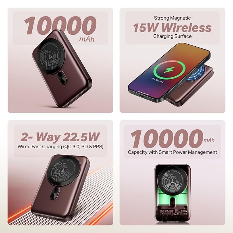 boAt New Launch EnergyShroom PB331 (Magsafe) 10000mAh Magnetic Wireless Powerbank, 15W Wireless & 22.5W Wired Charging for (iPhone 16,15,14,13 & 12, A boAt New Launch EnergyShroom PB331 (Magsafe) 10000mAh Magnetic Wireless Powerbank, 15W Wireless & 22.5W Wired Charging for (iPhone 16,15,14,13 & 12, A