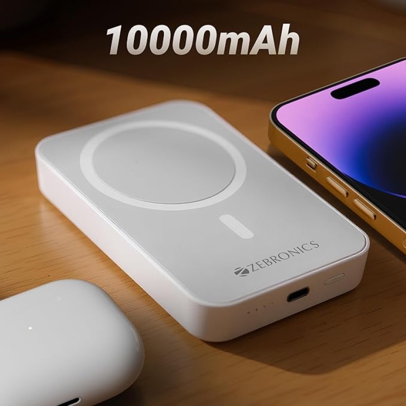 ZEBRONICS MW63 Wireless Power Bank, 10000 mAh, Rapid Charge, Magsafe, Outputs - 20W Wired | 15W Wireless, Type C PD, Built in Protections, LED Indicator, Compatible with iPhone, Made in India