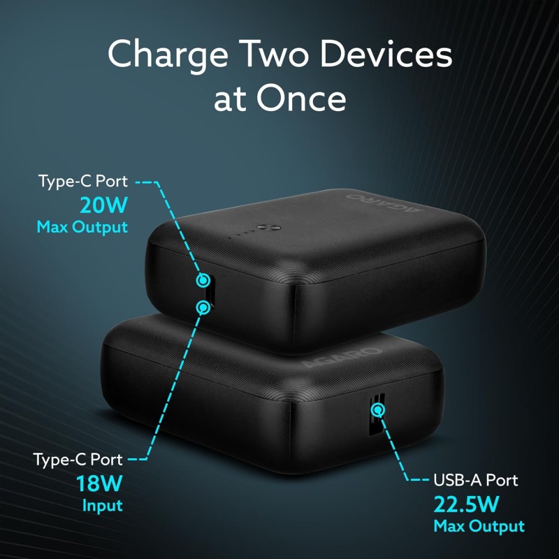 (Refurbished) AGARO Nano Power Bank 10000 mAh, 22.5W QC & 20W PD Output for Smartphones, Portable, USB A & C Output, USB C Input, Fast Charge Technology for Tablets, Headphones and Hi-Powered Devices