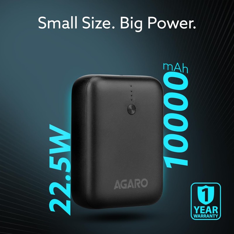 (Refurbished) AGARO Nano Power Bank 10000 mAh, 22.5W QC & 20W PD Output for Smartphones, Portable, USB A & C Output, USB C Input, Fast Charge Technology for Tablets, Headphones and Hi-Powered Devices