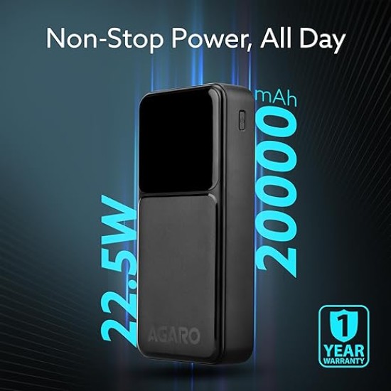 AGARO Imperial Power Bank 20000 mAh, 22.5W Power Delivery for Smartphones, Portable, USB C & Micro Input, USB A1,A2 & C Output, Fast Charge Technology for Tablets, Headphones and Hi-Powered Devices