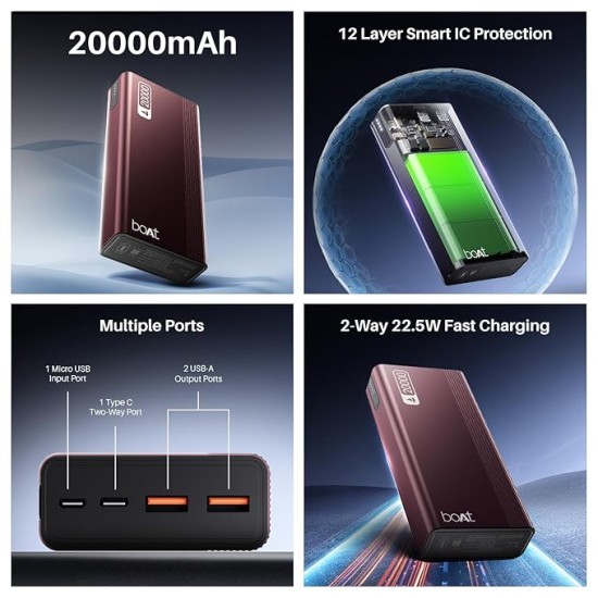 boAt Energyshroom PB401 20000mAh Power Bank| Micro USB and Type C (2-Way Input Ports), 22.5W, 3X Output Ports, Compatible with Tablets, Smartphones, Earbuds, Smartwatch (Wine Red) boAt Energyshroom PB401 20000mAh Power Bank| Micro USB and Type C (2-Way Input Ports), 22.5W, 3X Output Ports, Compatible with Tablets, Smartphones, Earbuds, Smartwatch (Wine Red)