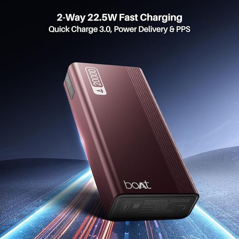 boAt Energyshroom PB401 20000mAh Power Bank| Micro USB and Type C (2-Way Input Ports), 22.5W, 3X Output Ports, Compatible with Tablets, Smartphones, Earbuds, Smartwatch (Wine Red) boAt Energyshroom PB401 20000mAh Power Bank| Micro USB and Type C (2-Way Input Ports), 22.5W, 3X Output Ports, Compatible with Tablets, Smartphones, Earbuds, Smartwatch (Wine Red)