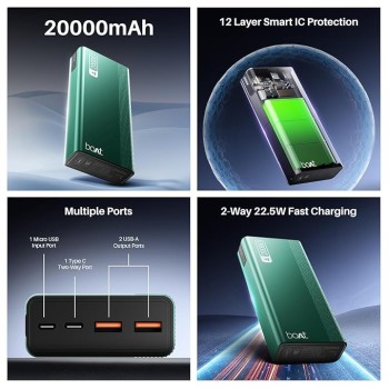 boAt Energyshroom PB401 20000mAh Power Bank| Micro USB and Type C (2-Way Input Ports), 22.5W, 3X Output Ports, Compatible with Tablets, Smartphones, Earbuds, Smartwatch (Pine Green) boAt Energyshroom PB401 20000mAh Power Bank| Micro USB and Type C (2-Way Input Ports), 22.5W, 3X Output Ports, Compatible with Tablets, Smartphones, Earbuds, Smartwatch (Pine Green)