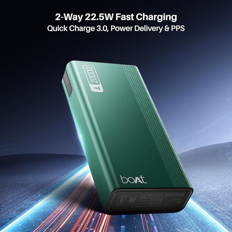 boAt Energyshroom PB401 20000mAh Power Bank| Micro USB and Type C (2-Way Input Ports), 22.5W, 3X Output Ports, Compatible with Tablets, Smartphones, Earbuds, Smartwatch (Pine Green) boAt Energyshroom PB401 20000mAh Power Bank| Micro USB and Type C (2-Way Input Ports), 22.5W, 3X Output Ports, Compatible with Tablets, Smartphones, Earbuds, Smartwatch (Pine Green)