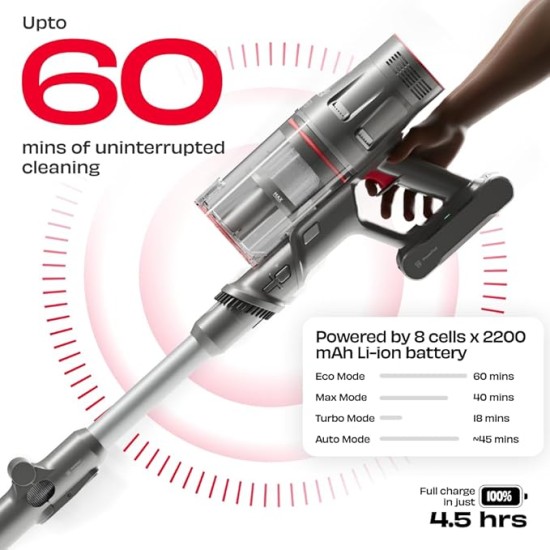 NUUK REN PRO Stick Cordless Vacuum Cleaner For Home Use | 34kPa Suction, 8 Attachments | Adaptive Suction Technology | HEPA Filter & Multi-Cyclone Filtration | Handheld Vacuum Cleaner with Flexistick™