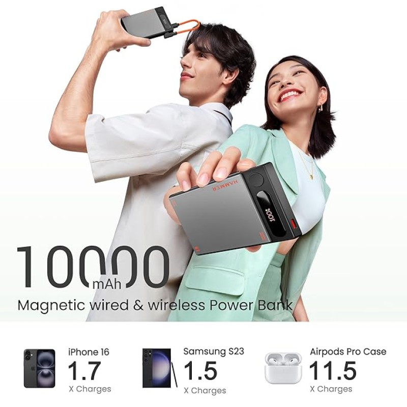 HAMMER 10000mAh MagSafe Power Bank, 15W Wireless Charging (MagSafe & Qi), 22.5W PD/PPS Fast Wired Charging, LED Display, iPhone 12 & Above, Metallic Finish, Magnetic Ring Included, Made in India
