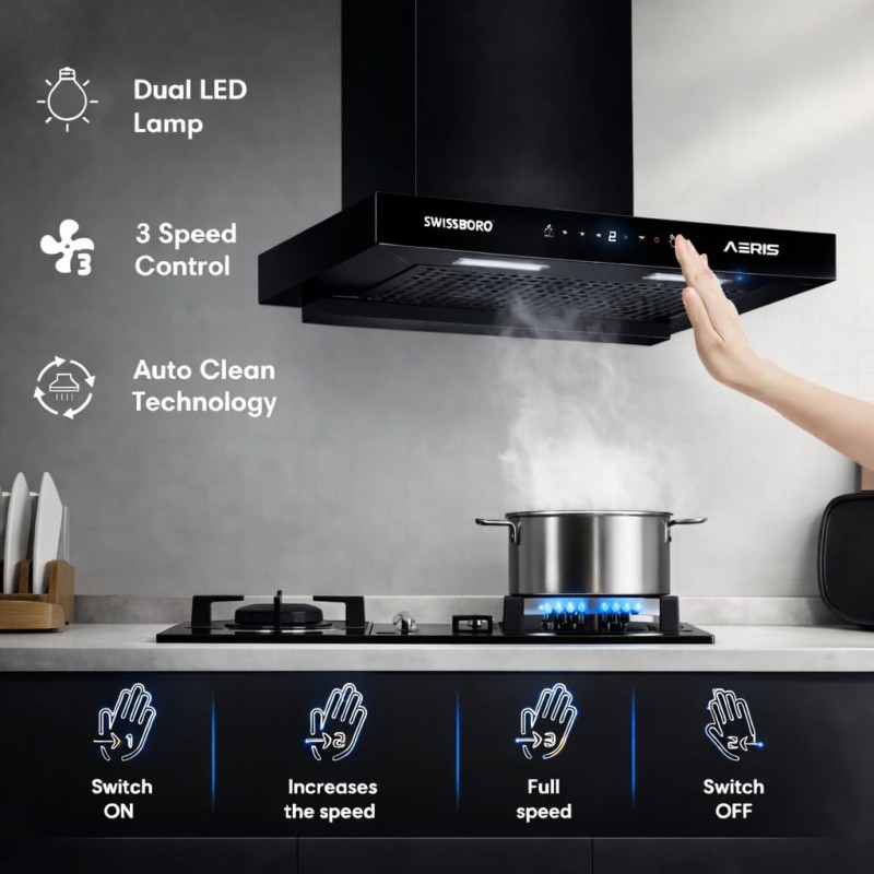 AERIS Pro T Kitchen Chimney 60cm 1400 m³/hr Suction | Auto Clean Chimney | Touch & Motion Sensor Control Black Finish | Wall Mounted Hood (1 Years Comprehensive Warranty + 5 Years on Motor) AERIS Pro T Kitchen Chimney 60cm 1400 m³/hr Suction | Auto Clean Chimney | Touch & Motion Sensor Control Black Finish | Wall Mounted Hood (1 Years Comprehensive Warranty + 5 Years on Motor)