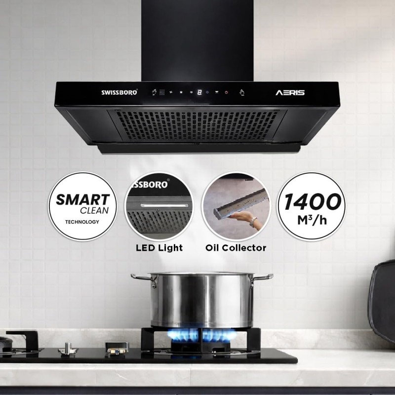 AERIS Pro T Kitchen Chimney 60cm 1400 m³/hr Suction | Auto Clean Chimney | Touch & Motion Sensor Control Black Finish | Wall Mounted Hood (1 Years Comprehensive Warranty + 5 Years on Motor) AERIS Pro T Kitchen Chimney 60cm 1400 m³/hr Suction | Auto Clean Chimney | Touch & Motion Sensor Control Black Finish | Wall Mounted Hood (1 Years Comprehensive Warranty + 5 Years on Motor)