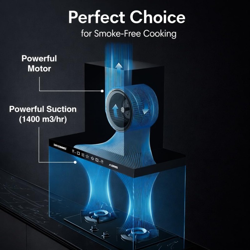 AERIS Pro T Kitchen Chimney 60cm 1400 m³/hr Suction | Auto Clean Chimney | Touch & Motion Sensor Control Black Finish | Wall Mounted Hood (1 Years Comprehensive Warranty + 5 Years on Motor) AERIS Pro T Kitchen Chimney 60cm 1400 m³/hr Suction | Auto Clean Chimney | Touch & Motion Sensor Control Black Finish | Wall Mounted Hood (1 Years Comprehensive Warranty + 5 Years on Motor)
