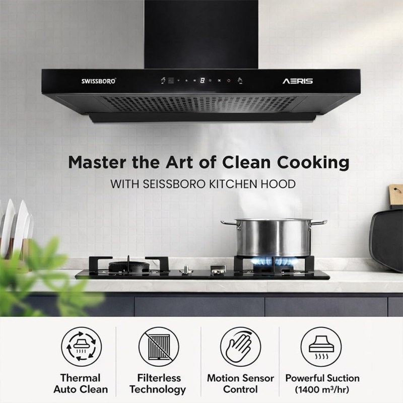 AERIS Pro T Kitchen Chimney 60cm 1400 m³/hr Suction | Auto Clean Chimney | Touch & Motion Sensor Control Black Finish | Wall Mounted Hood (1 Years Comprehensive Warranty + 5 Years on Motor) AERIS Pro T Kitchen Chimney 60cm 1400 m³/hr Suction | Auto Clean Chimney | Touch & Motion Sensor Control Black Finish | Wall Mounted Hood (1 Years Comprehensive Warranty + 5 Years on Motor)