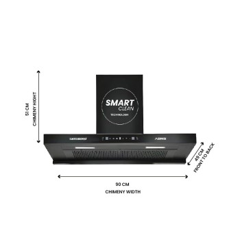 AERIS 90 cm 1400 m³/hr Suction T Shape Kitchen Chimney Smart Clean Technology Auto Clean Hood Touch Control Panel Wall Mounted Black Finish 1 Years Comprehensive + 5 Years on Motor Warranty AERIS 90 cm 1400 m³/hr Suction T Shape Kitchen Chimney Smart Clean Technology Auto Clean Hood Touch Control Panel Wall Mounted Black Finish 1 Years Comprehensive + 5 Years on Motor Warranty