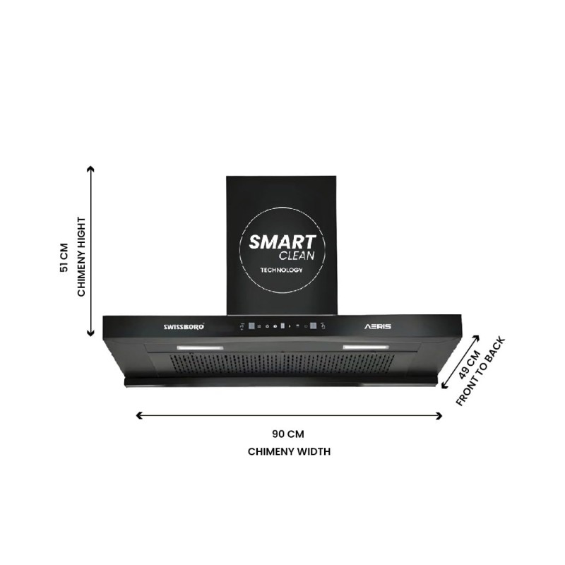 AERIS 90 cm 1400 m³/hr Suction T Shape Kitchen Chimney Smart Clean Technology Auto Clean Hood Touch Control Panel Wall Mounted Black Finish 1 Years Comprehensive + 5 Years on Motor Warranty AERIS 90 cm 1400 m³/hr Suction T Shape Kitchen Chimney Smart Clean Technology Auto Clean Hood Touch Control Panel Wall Mounted Black Finish 1 Years Comprehensive + 5 Years on Motor Warranty